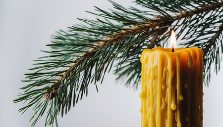 Christmas candle with fir branch on white background. Close-up.の素材