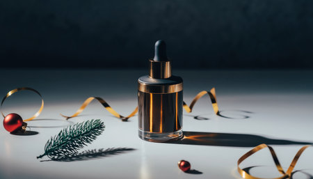 cosmetic pipette with christmas decoration on white table, closeupの素材