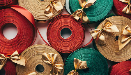 Multicolored ribbons and bows as background, top view.の素材
