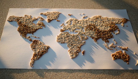 World map made of golden sand on white paper with shadow on groundの素材