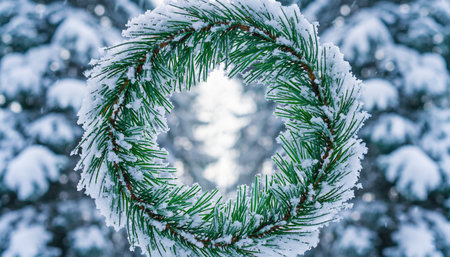 Christmas wreath of fir branches on the background of the winter forestの素材