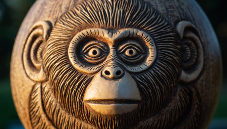 Monkey face made of wood in the park, close-upの素材