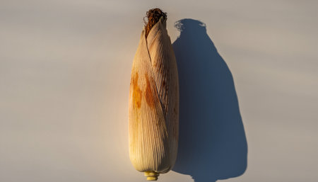 corn on a white background in the rays of the setting sun.の素材