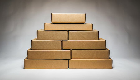 Cardboard boxes stacked in pyramid shape on white background. 3d illustrationの素材