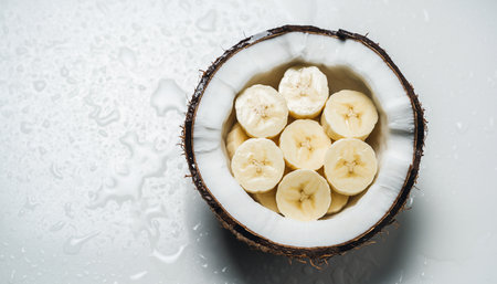 Banana slices in a coconut bowl on a white background with water dropsの素材