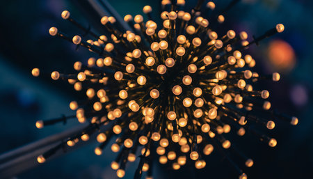 Close up of golden bokeh light bulb. Abstract background.の素材