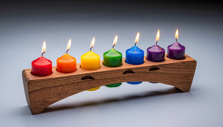 Colorful candles on a wooden candlestick on a gray backgroundの素材