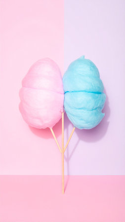 Colorful cotton candy on pastel pink and blue background. Minimal concept.の素材