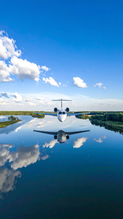 airplane in the blue sky and clouds reflected in the water surfaceの素材
