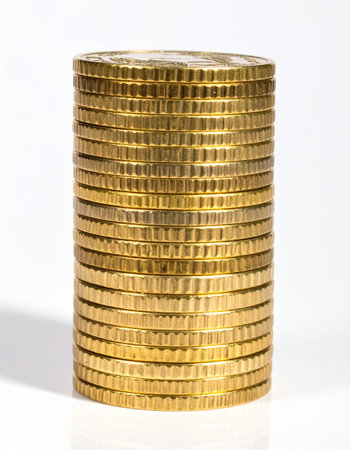 Stacks of gold coins on a white background. Money concept.の素材