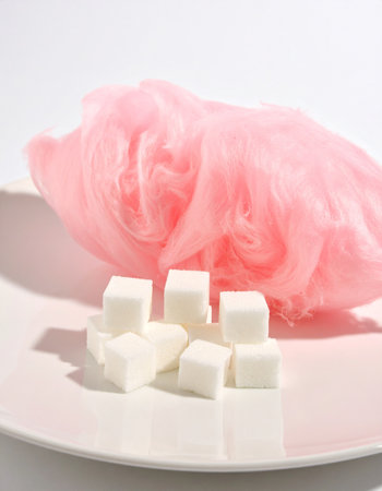 Cotton candy and sugar cubes on a white plate. White background.の素材