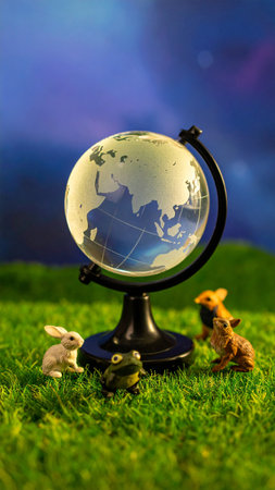 Globe and little rabbit on green grass background, Earth day conceptの素材