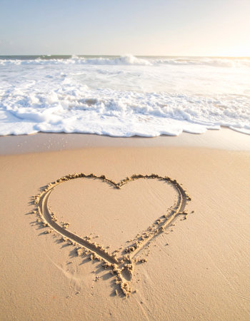 Heart shape drawn on the sand of a beach with sea wave.の素材