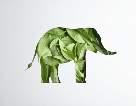 Elephant origami made of leaves isolated on white background. Paper artの素材