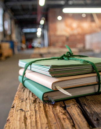 Stack of books tied with rope on wooden table in warehouse, stock photoの素材