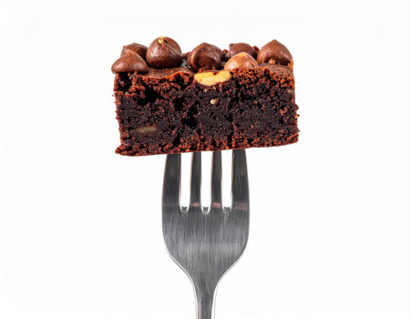 Piece of chocolate cake with hazelnuts on a fork isolated on white backgroundの素材