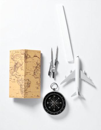 Compass, map and airplane on white background. Travel concept.の素材