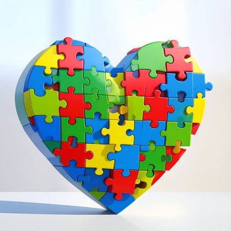 Heart made of colorful puzzle pieces on white background. 3d renderingの素材
