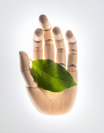 Wooden hand with a green leaf on a white background. The concept of ecologyの素材