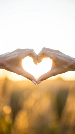 Hands in the shape of a heart on a field at sunsetの素材