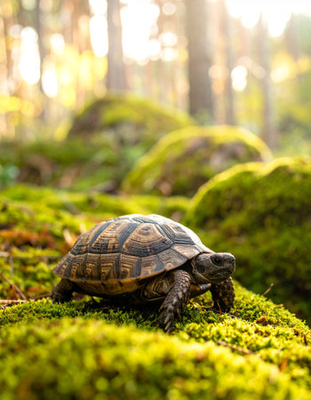 turtle on moss in the forest, close-up, soft focusの素材