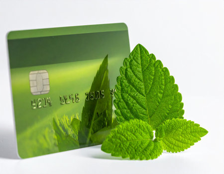 Green credit card with fresh mint leaves on a white background, close upの素材