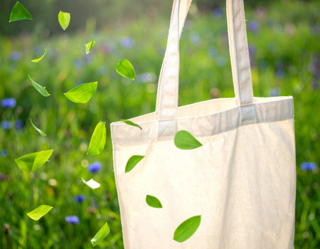 Eco bag with green leaves and cornflowers in the fieldの素材