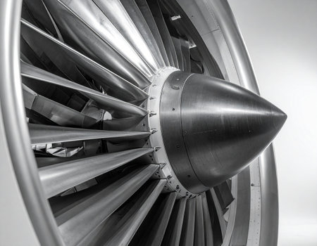 Turbine of a jet engine, close-up view.の素材