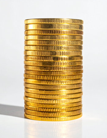 Stack of gold coins isolated on white background. Closeup shot.の素材