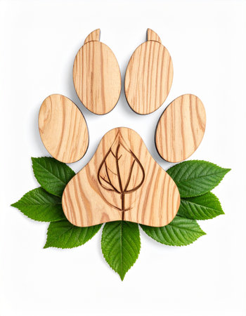 Paw print with leaves isolated on white background, top view.の素材