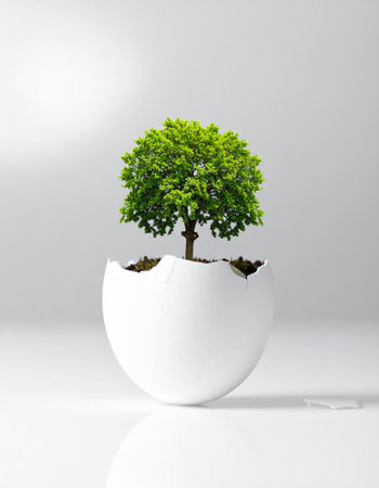 Egg shell with a green tree growing inside on a white backgroundの素材
