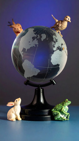 Earth globe with frogs and birds on a blue background. Copy space.の素材