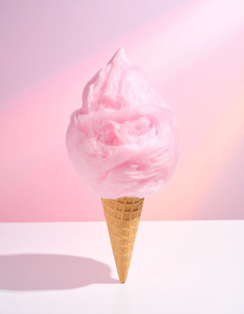 Pink cotton candy in a waffle cone on a white background.の素材