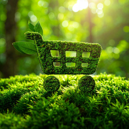 Green eco shopping cart on green moss background. Eco shopping concept.の素材