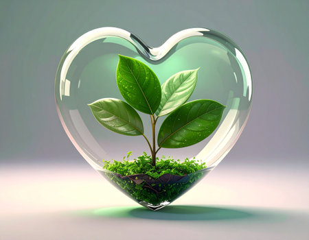 Transparent heart with green plant inside, 3d illustration, horizontalの素材