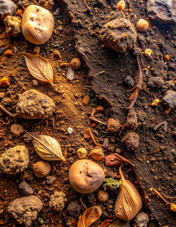 Autumn leaves and chestnuts in the ground. Autumn background.の素材