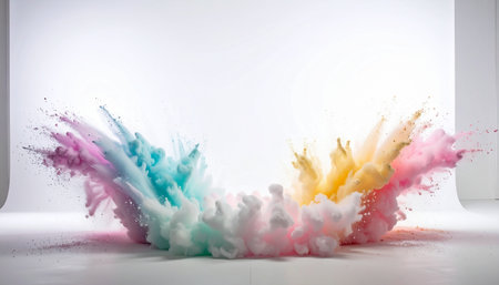 Colorful paint splashes against white background against white background with vignetteの素材
