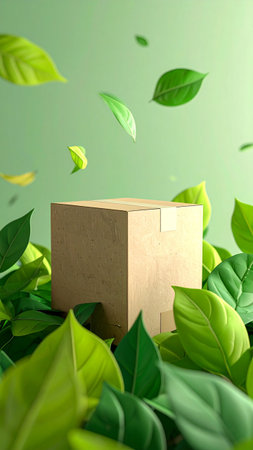 3d render of cardboard box with green leaves on green background.の素材