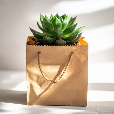 succulent in a brown paper bag on a white background.の素材