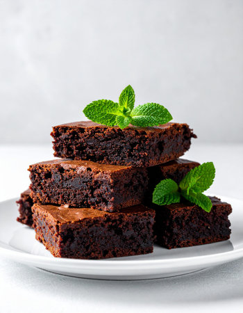 Homemade chocolate brownies with mint on a light background. Selective focus.の素材