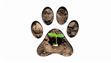 Paw print and sprout in soil isolated on white background.の素材