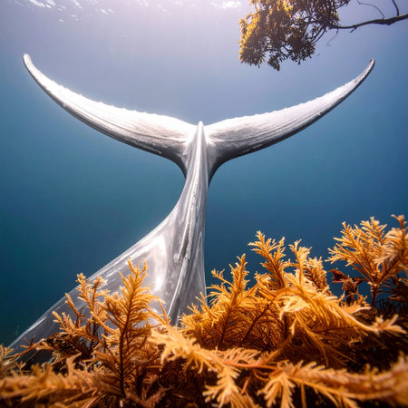 Whale tail underwater in the Pacific Ocean, California, USA.の素材