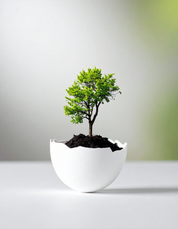 Small tree in a white eggshell on white table with blurred backgroundの素材