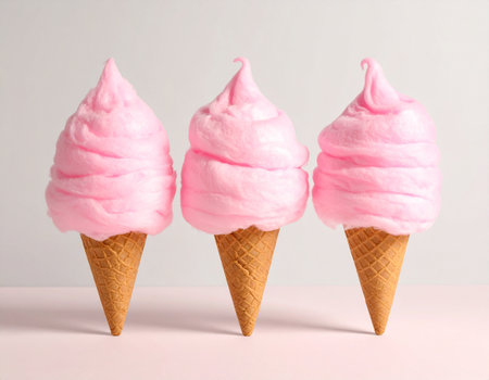 Pink ice cream in waffle cones on a white background. Close-up.の素材