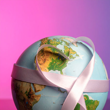 World cancer day concept with globe, ribbon and bow on pink backgroundの素材