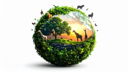 Eco world with giraffes, trees and birds on white backgroundの素材