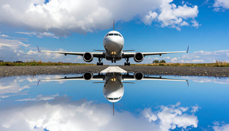 Airplane in the blue sky with clouds reflected in a puddleの素材