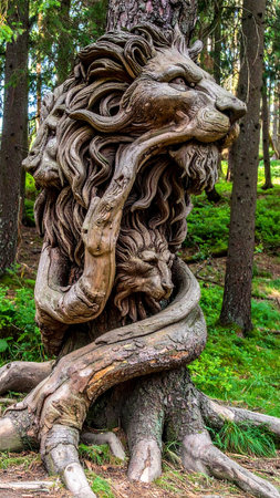 Old wooden sculpture of a lion in the forest. Vertical shot.の素材