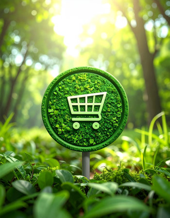 Shopping cart sign in the green grass with bokeh backgroundの素材