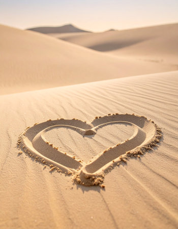 Two hearts drawn on the sand in the middle of the desert.の素材